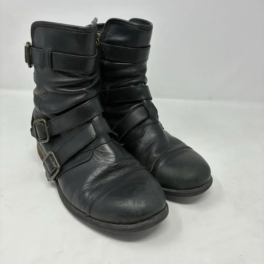 UGG Finney Black Suede 3 Buckle Strap Motorcycle Cap Toe & Zip Mid Calf Boots 8